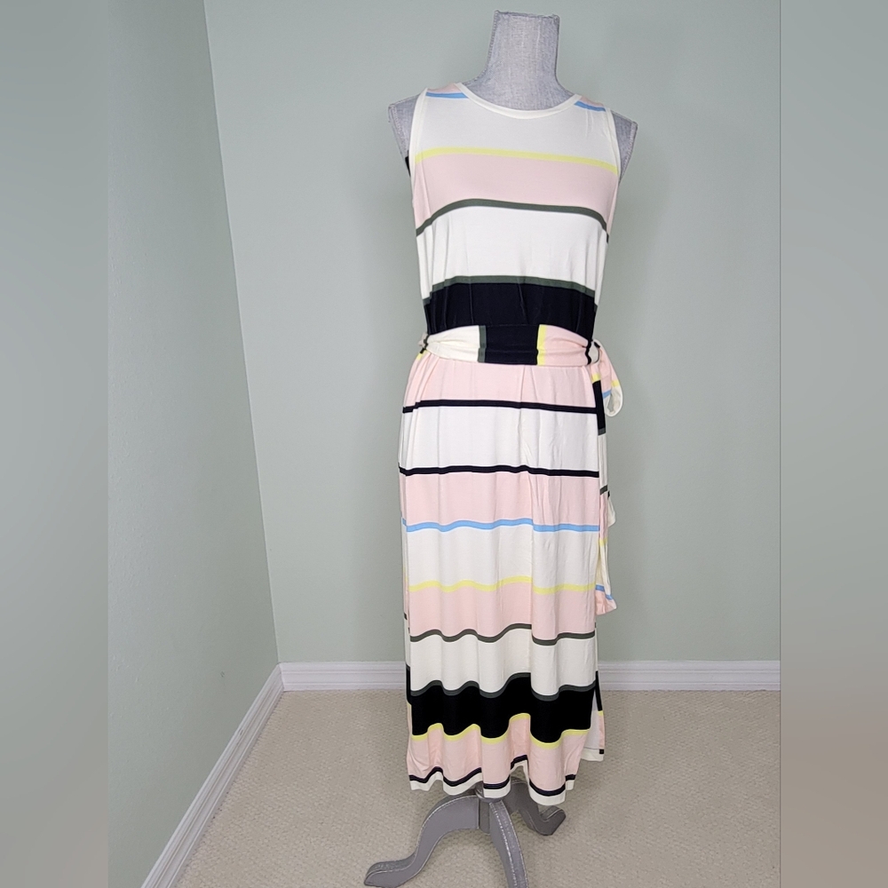 Banana Republic Pink Blush & Navy Blue Striped Knit Maxi Dress Sleeveless Small
